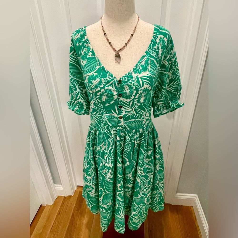 NWT Fatface Linen Green Tropical Leaf Dress, US Size 10